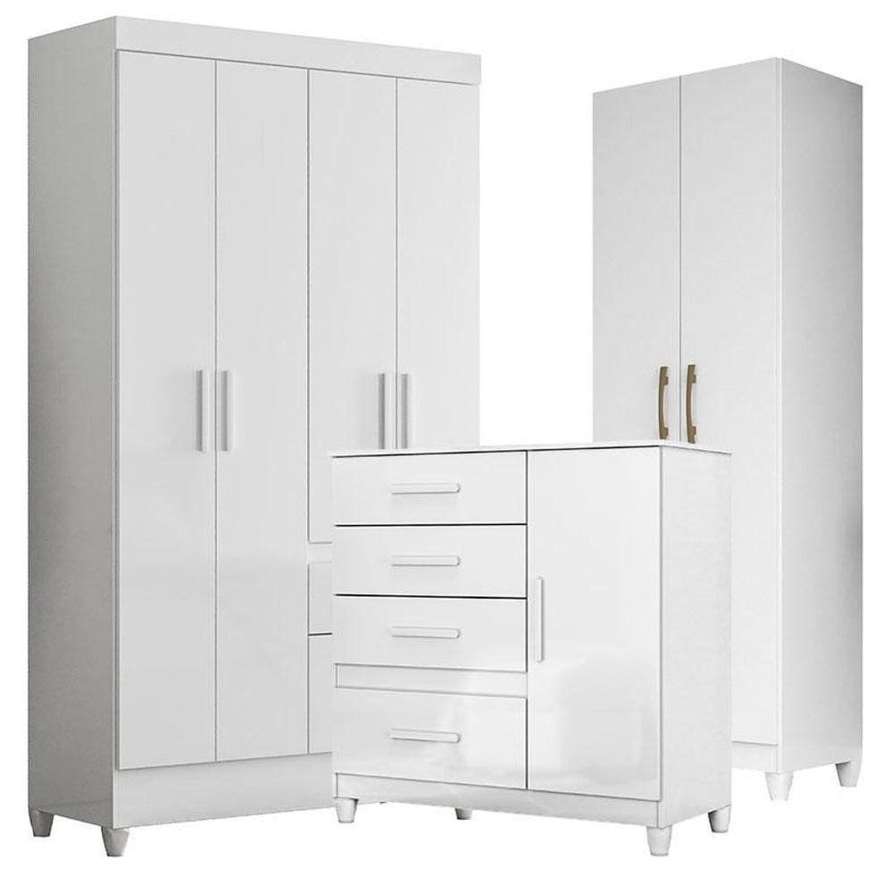 Guarda Roupa Infantil Madri Com Cômoda Vênus Com Pés E Armário Multiuso New íris Branco Brilho - Moval