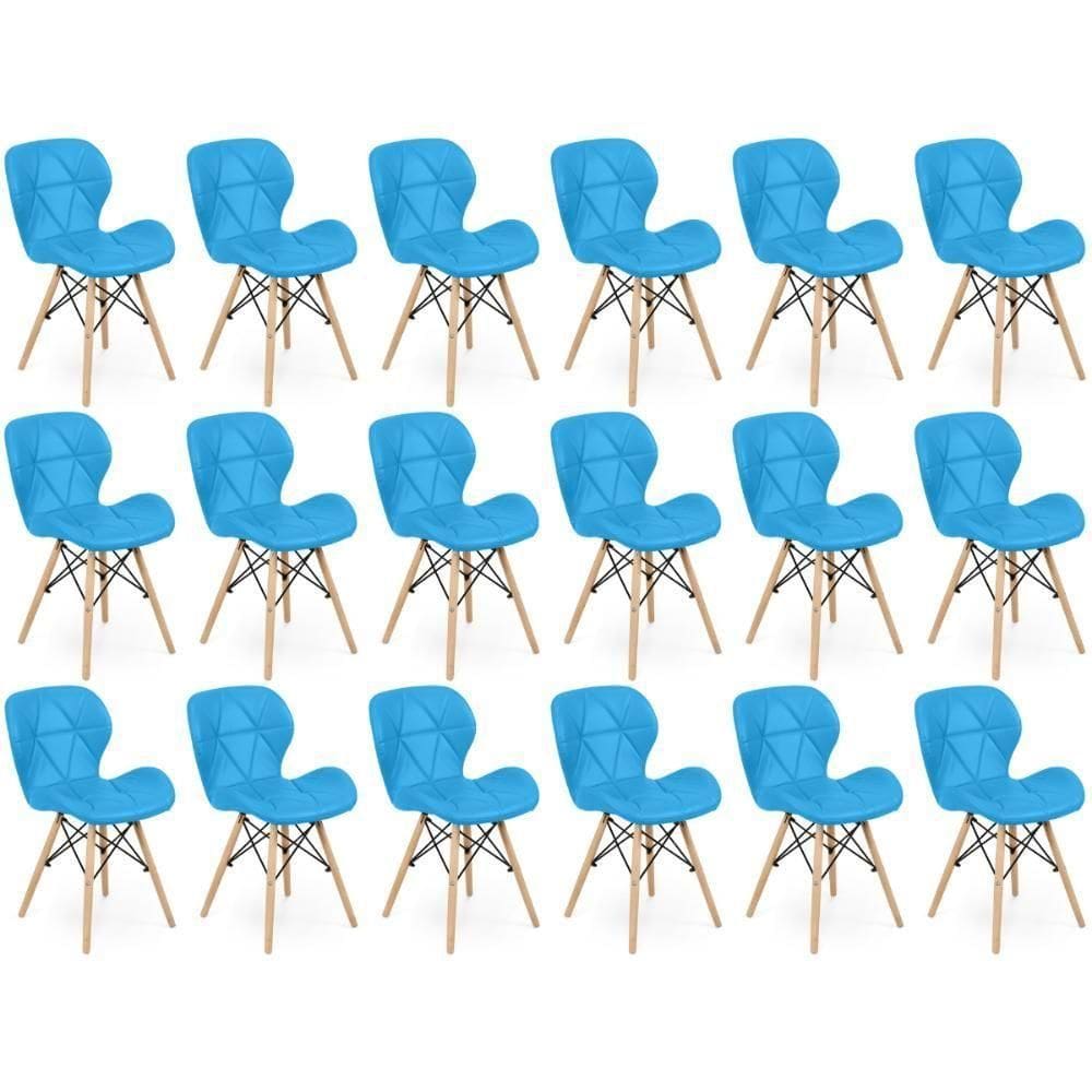 Kit 18 Cadeiras De Jantar Charles Eames Slim Wood Estofada - Azul