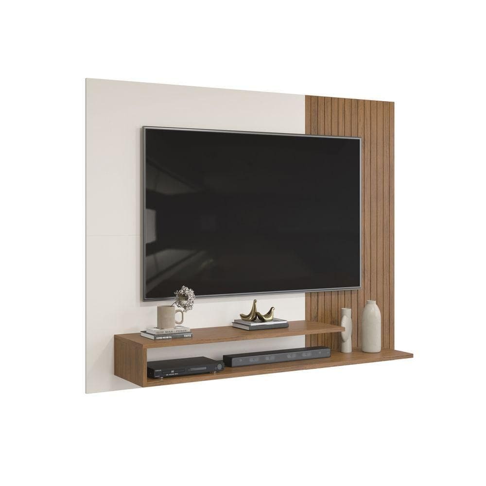 Painel Nando Com Ripas E Prateleira Freijó Com Off White