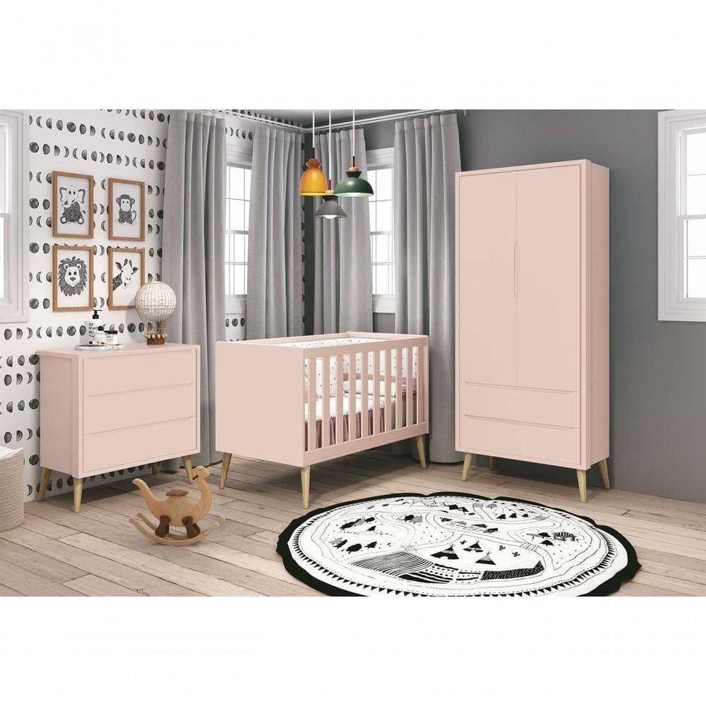 Jogo De Quarto Para Bebê Completo 2 Portas Théo New Rosa Fosco Com Natural - Reller