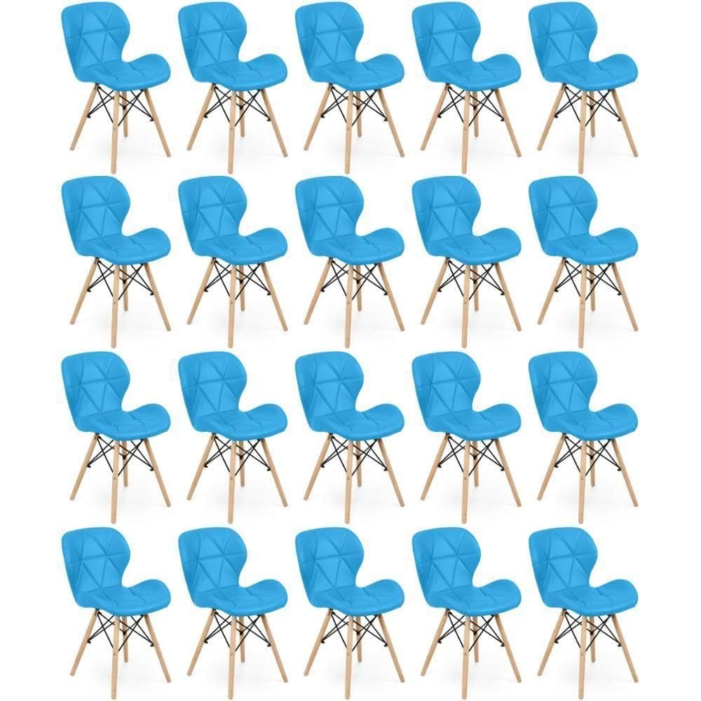 Kit 20 Cadeiras De Jantar Charles Eames Slim Wood Estofada - Azul