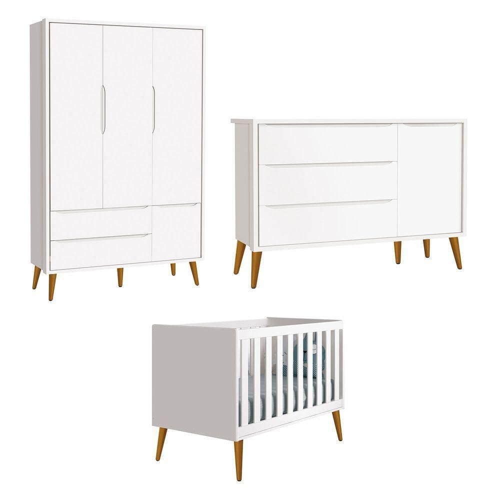 Jogo De Quarto Para Bebê Completo 3 Portas Théo New Branco Fosco Com Madeira - Reller