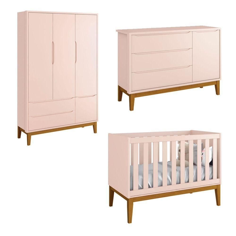 Jogo De Quarto Para Bebê Completo 3 Portas Classic New Rosa Fosco Com Madeira - Reller