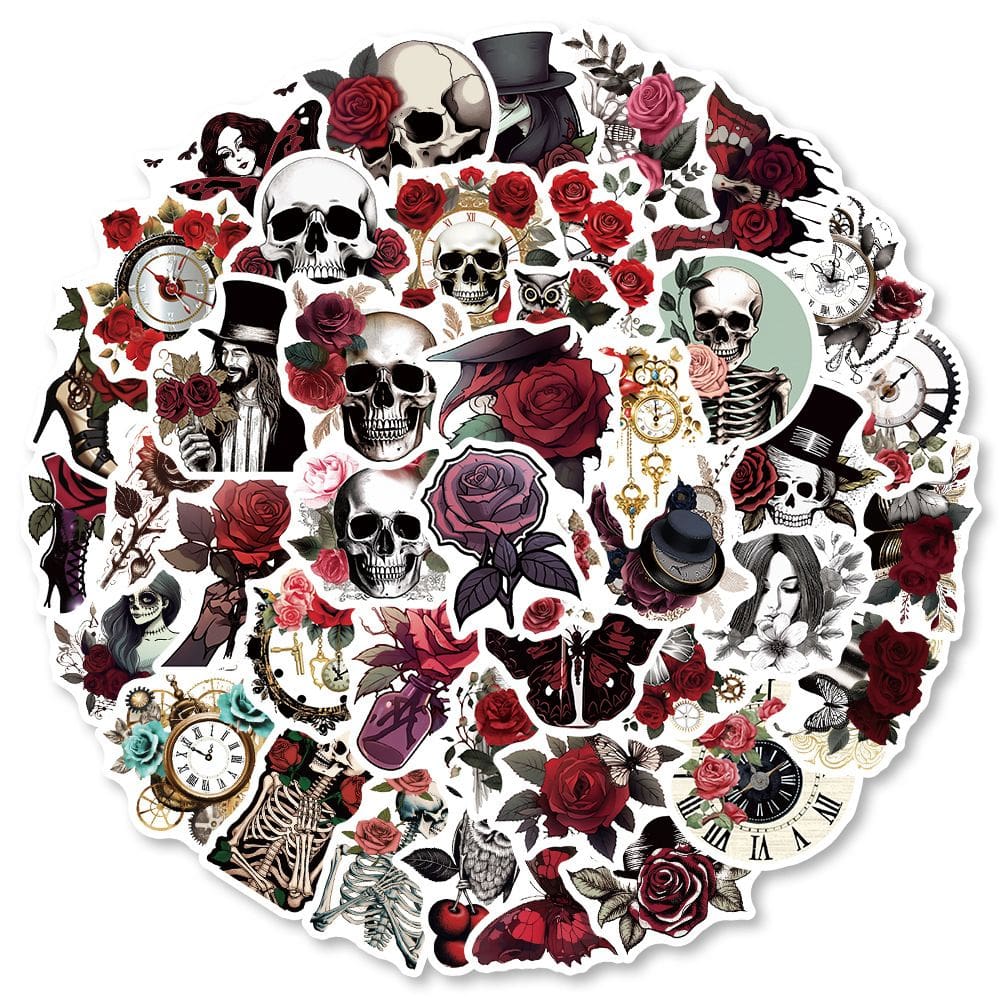 Pacote de adesivos Gothic Rose Skull Punk Aesthetic Vinyl x50