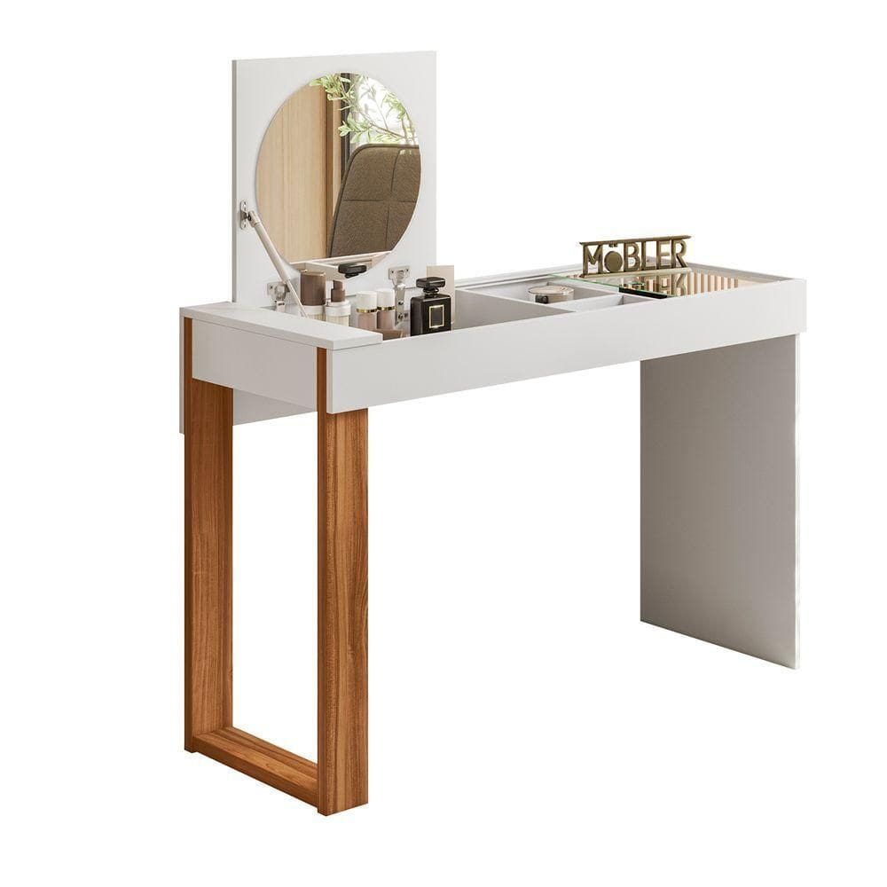 Mesa Escrivaninha Office Penteadeira Play Moderna Espelho Branco Fosco Com Cinamomo