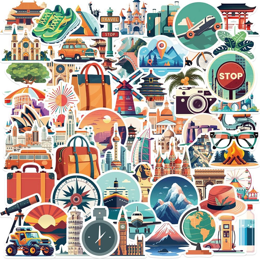 Pacote de adesivos Travel World Landmarks & Adventure 50 unidades