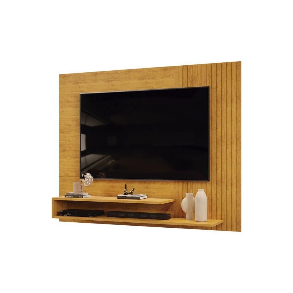 Painel Nando Com Ripas E Prateleira Cedro Com Cedro