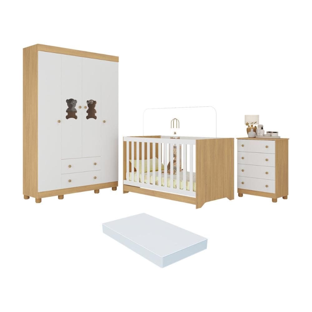 Quarto de Bebê Completo com Berço Americano 3 em 1 Colchão Incluso Fofura Multimóveis MP4665