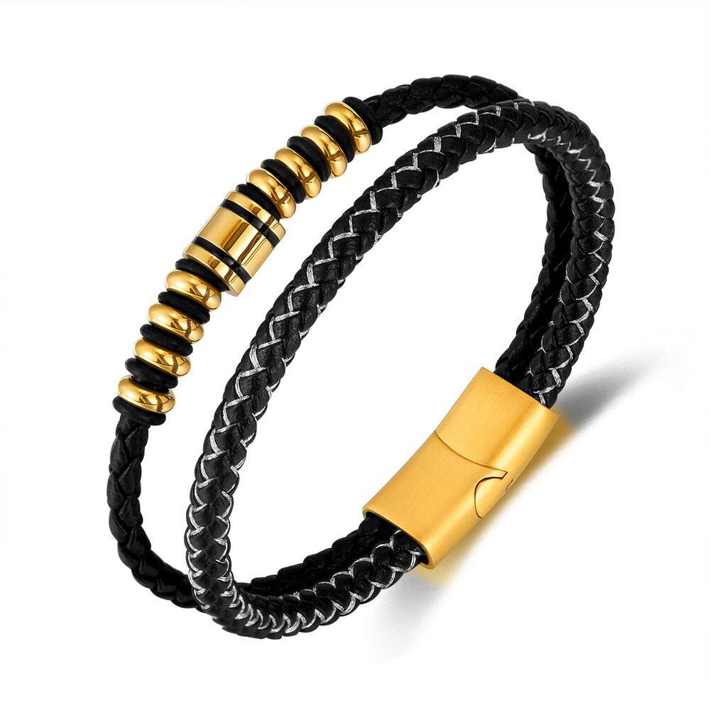 Pulseira Gold Accent para homens, couro PU trançado de dupla camada