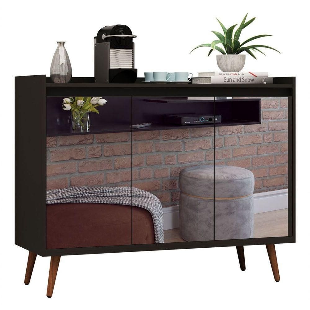 Balcao Buffet Retrô Com Espelho Delta 3 Portas Preto - Moveisaqui