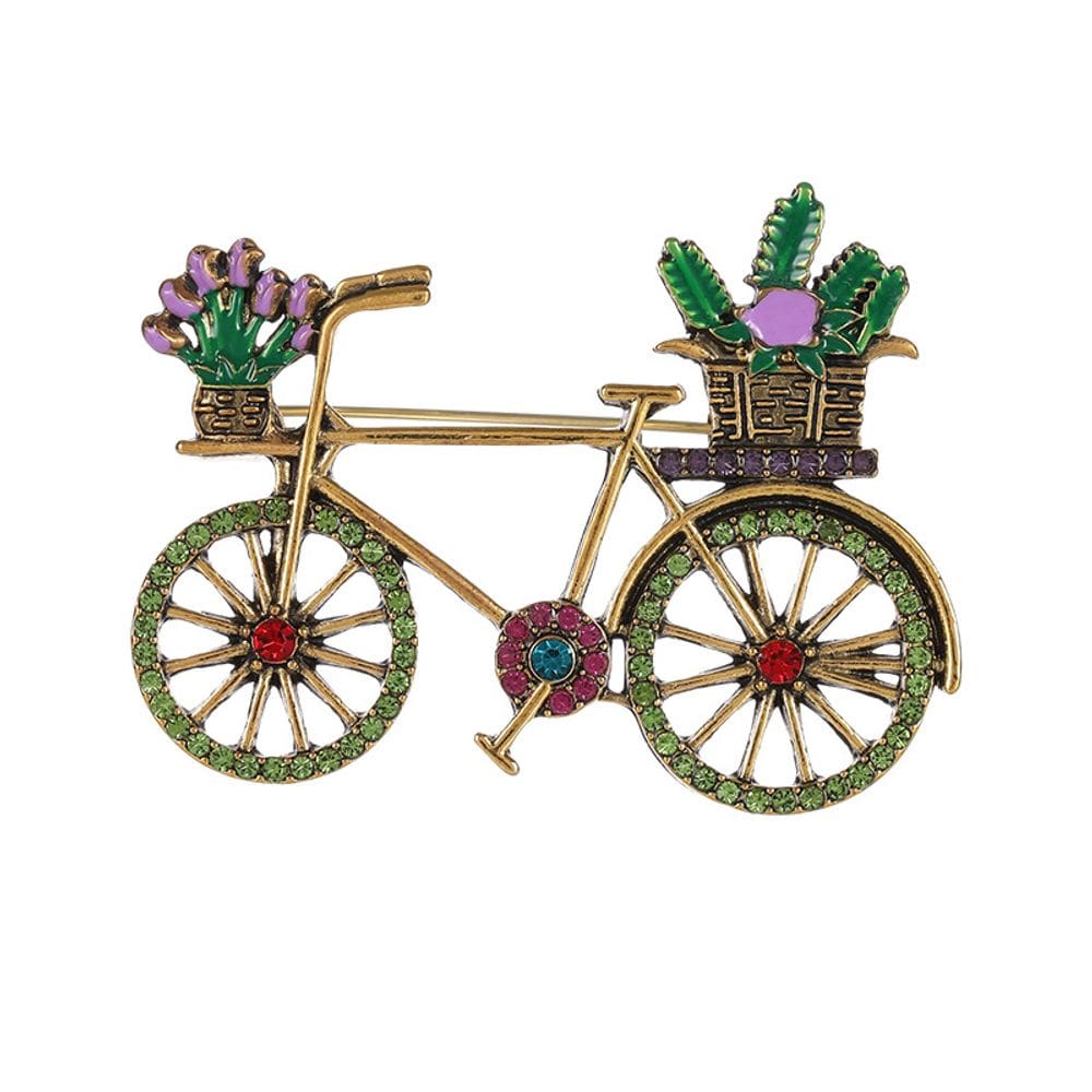 Broche de bicicleta verde vintage com design de cesta de flores