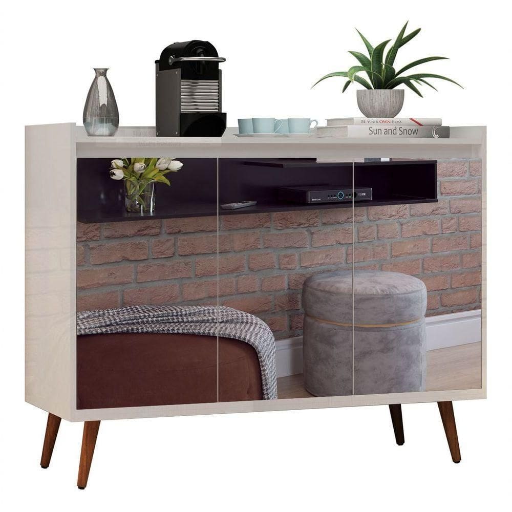 Balcao Buffet Retrô Com Espelho Delta 3 Portas Branco Gloss - Moveisaqui