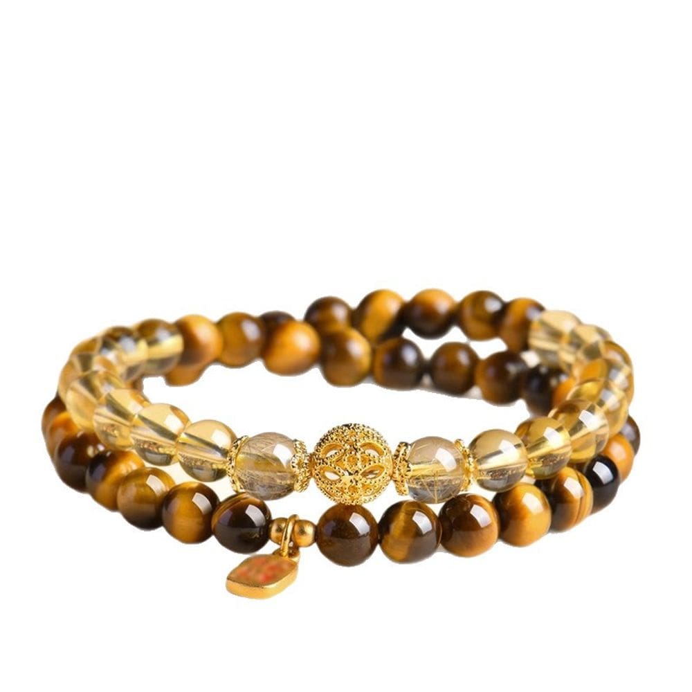 Pulseira de dupla camada, olho de tigre amarelo e cristal citrino