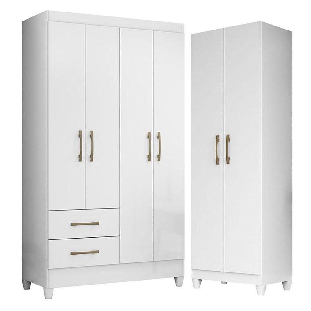 Guarda Roupa Solteiro Chile E Armário Multiuso New Iris Branco Brilho- Moval