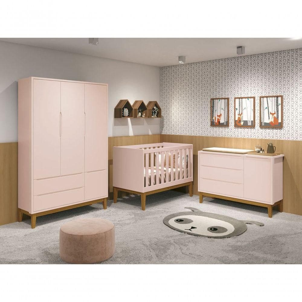 Jogo De Quarto Para Bebê Completo 3 Portas Classic New Rosa Fosco Com Madeira - Moveisaqui