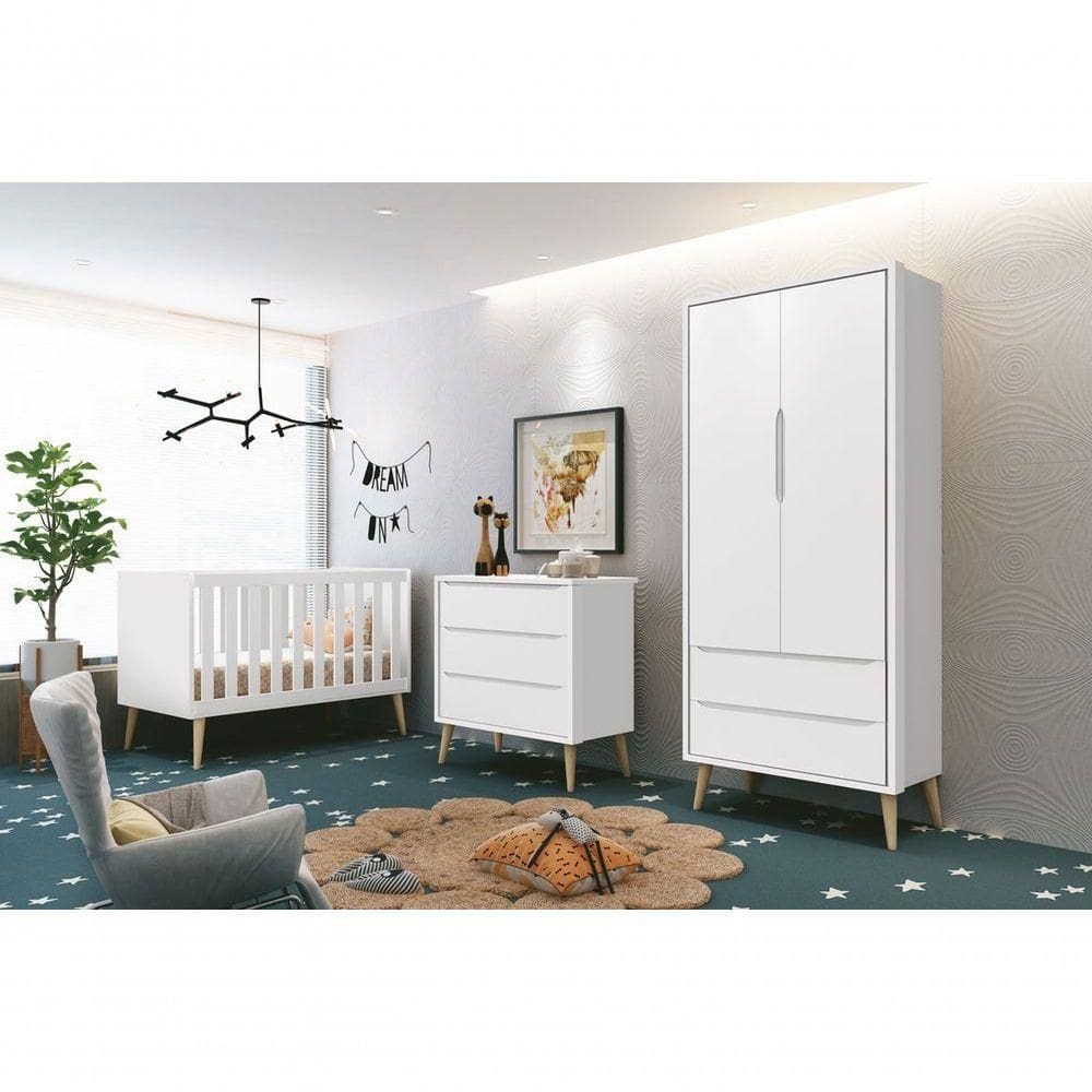 Jogo De Quarto Para Bebê Completo 2 Portas Théo New Branco Fosco Com Natural - Moveisaqui