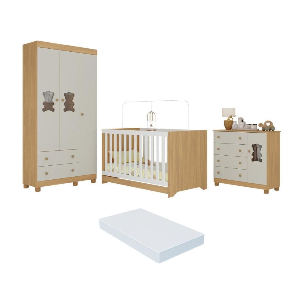Quarto de Bebê Completo com Berço Americano 3 em 1 Colchão Incluso Fofura Multimóveis MP4669