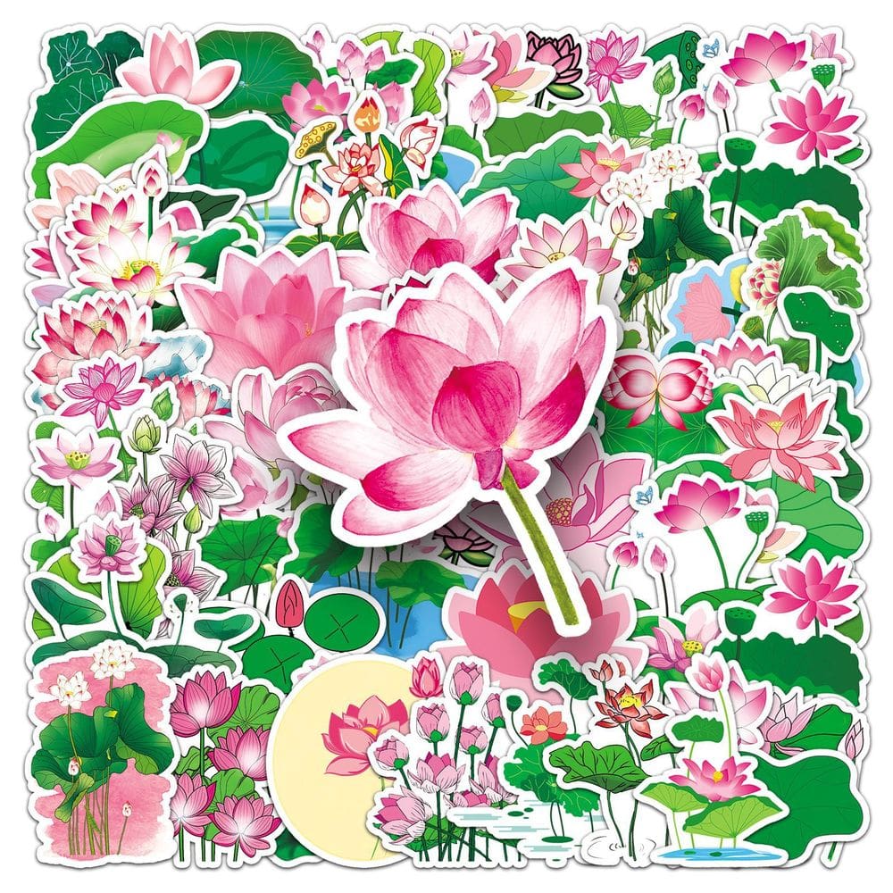 Adesivos de flor de lótus, 50 peças, decalque de plantas de desenho animado, à prova d`água