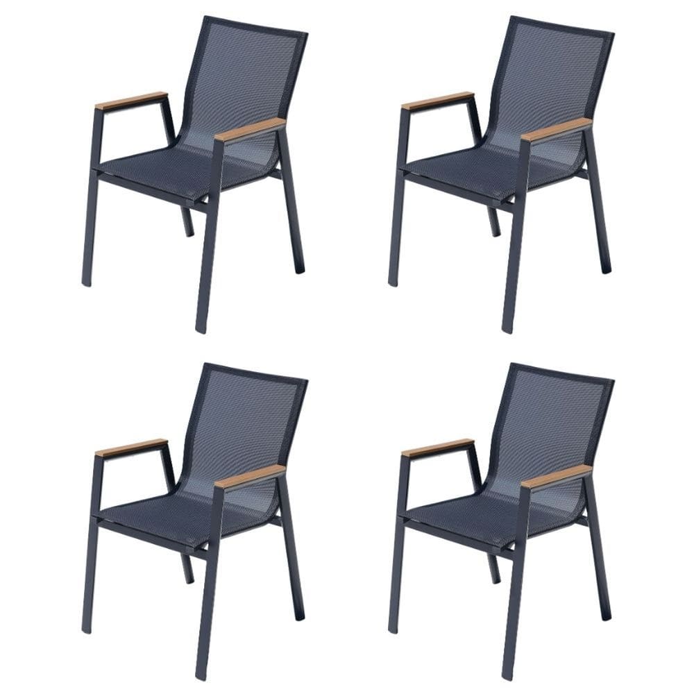 Kit 4 Cadeiras com Braço Empilhável Angra Maresias Fratini Assento Tela Preta Base Alumínio Preto