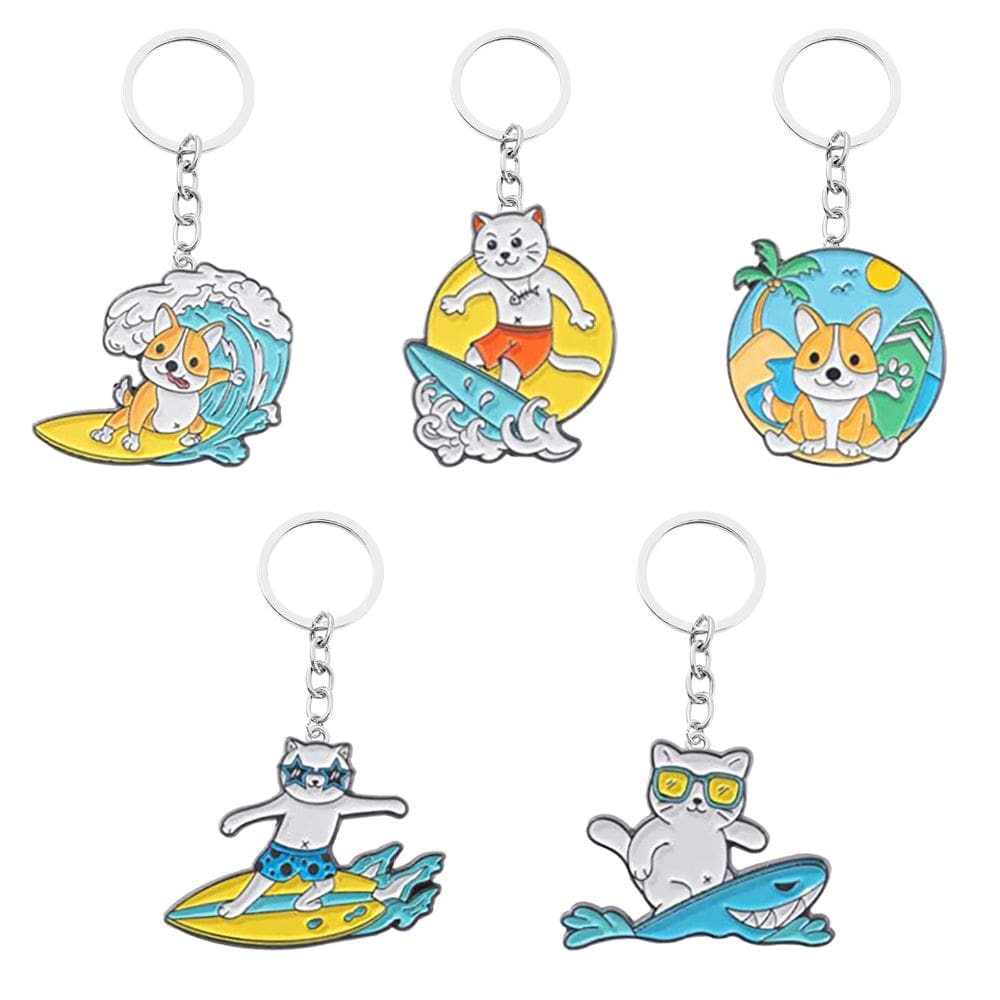 Conjunto de chaveiros Surfing Cat Dog, 5 peças de desenho animado Animal Beach