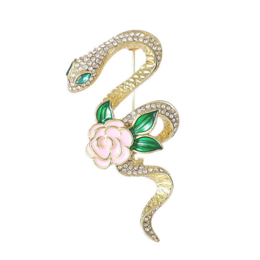 Alfinetes de broche com design de rosa e cobra com incrustações de strass