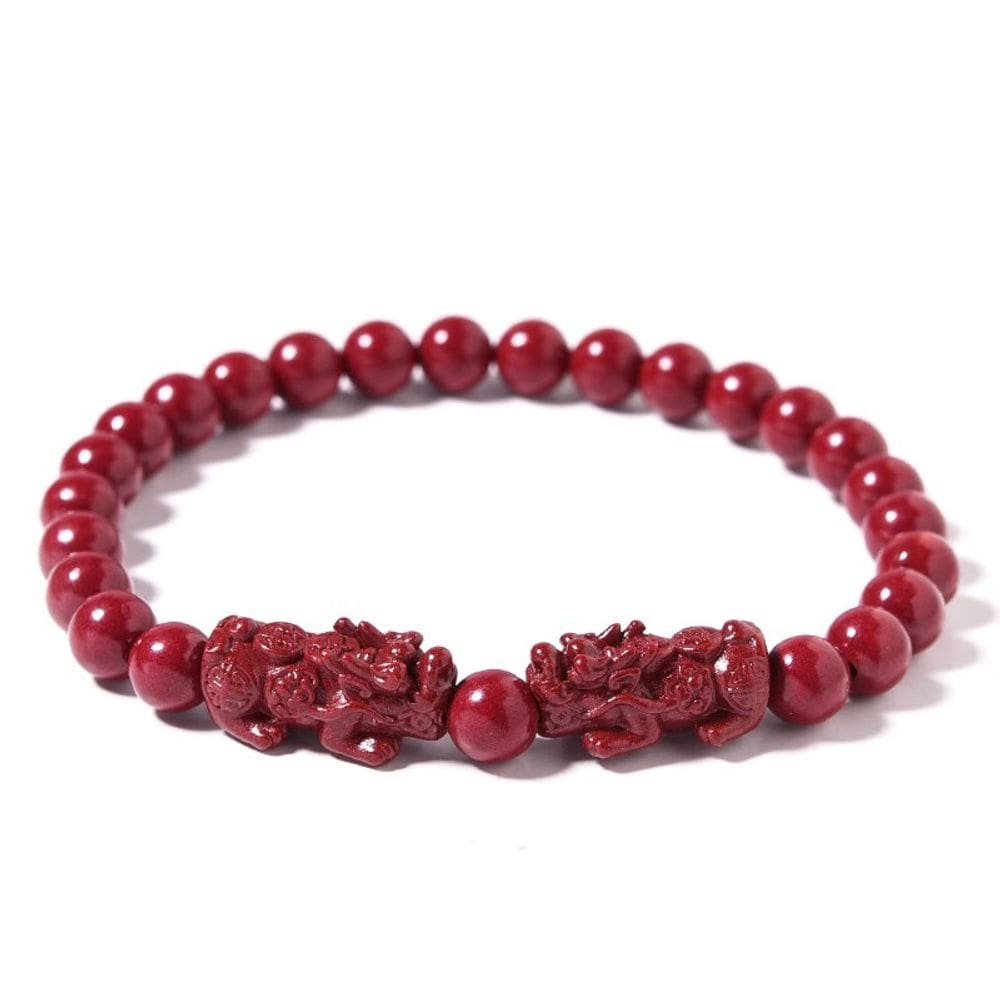 Pulseira Cinnabar com pingentes duplos Pixius Charms, contas vermelhas de 10 mm