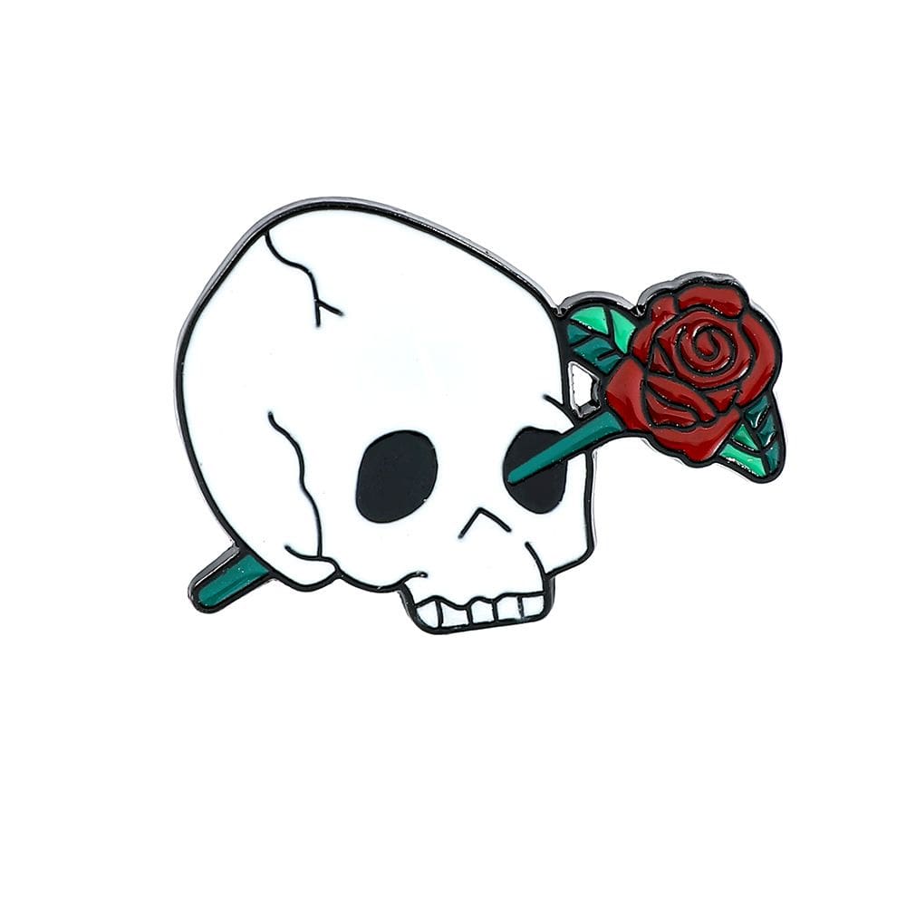 Broche Pin, caveira de lapela de liga gótica com design de rosa