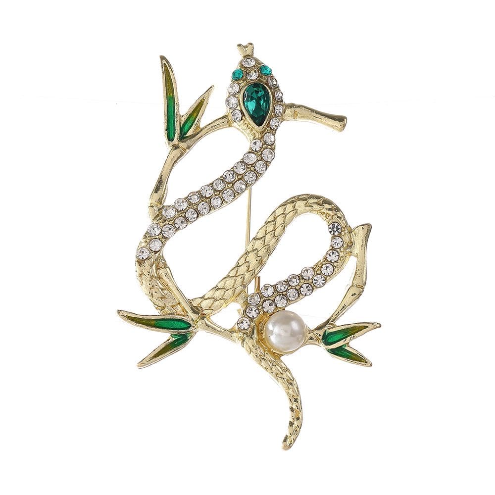 Broche Pin Snake com design de folha de bambu verde e pérola