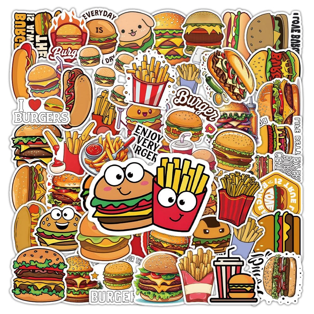 Conjunto de adesivos Burger and Fries, 50 unidades, lindos decalques de vinil para desenhos animados