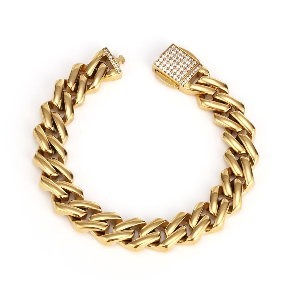 Pulseira masculina de aço inoxidável Cuban Link com detalhes em zircão