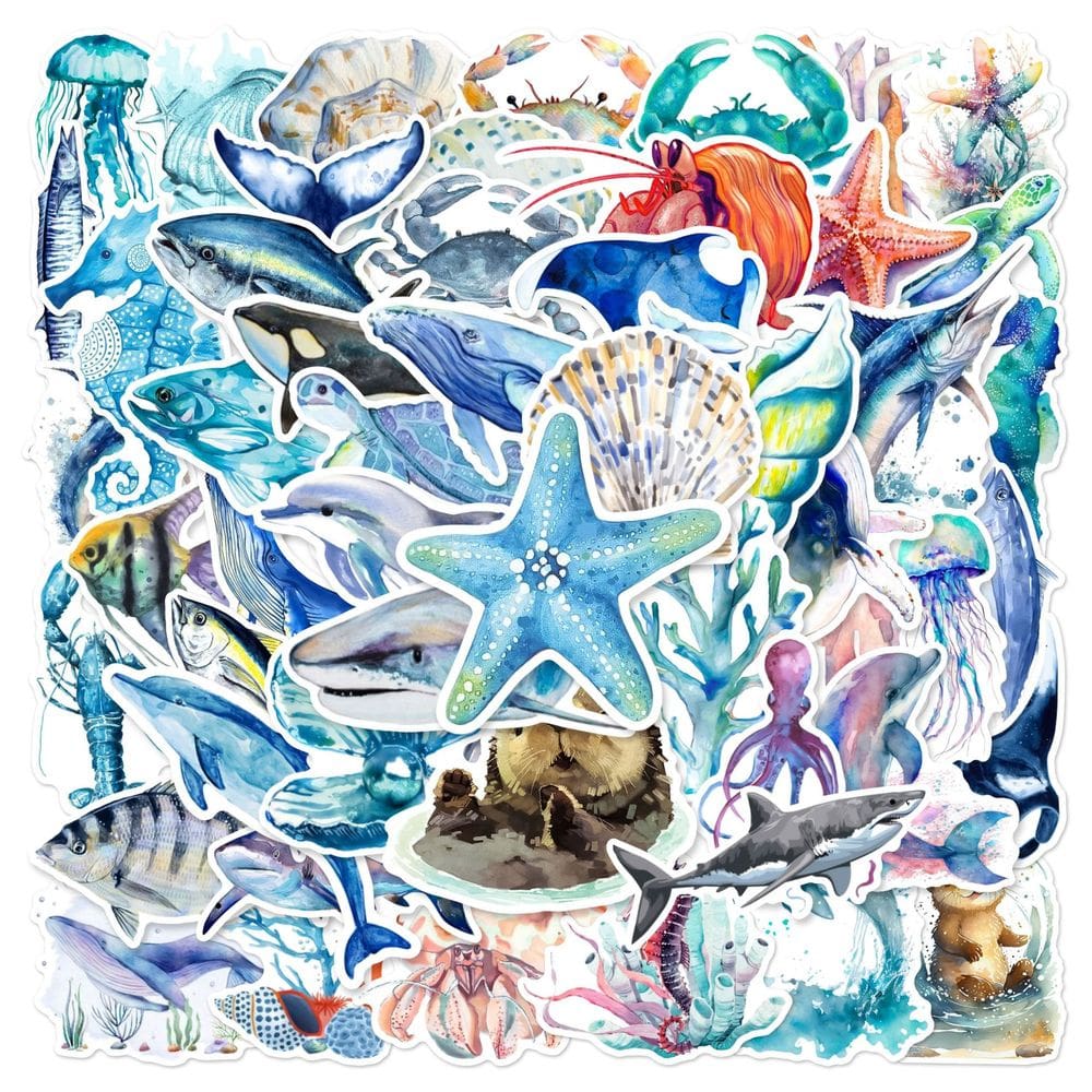 Pacote de adesivos Ocean Animal, estilo aquarela, vinil, 50 unidades