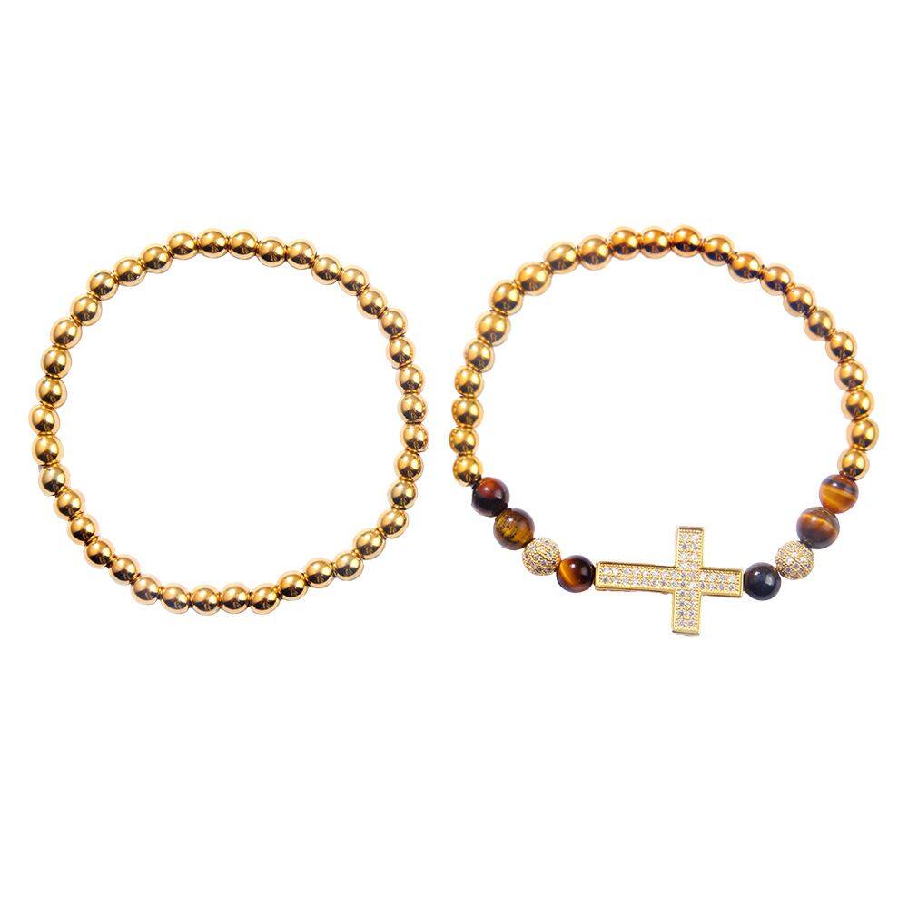 Conjunto de pulseiras masculinas de zircão, elástico cruzado, frisado, 2 peças