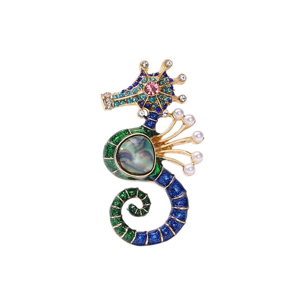 Broche Pin Vintage Seahorse com cristais e pérolas coloridas