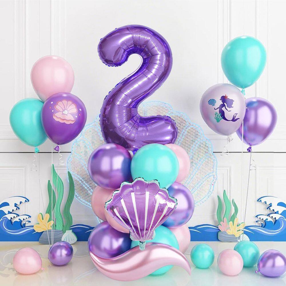 Conjunto de balões Mermaid Theme Foil Number 2, 26 unidades com concha e sereia