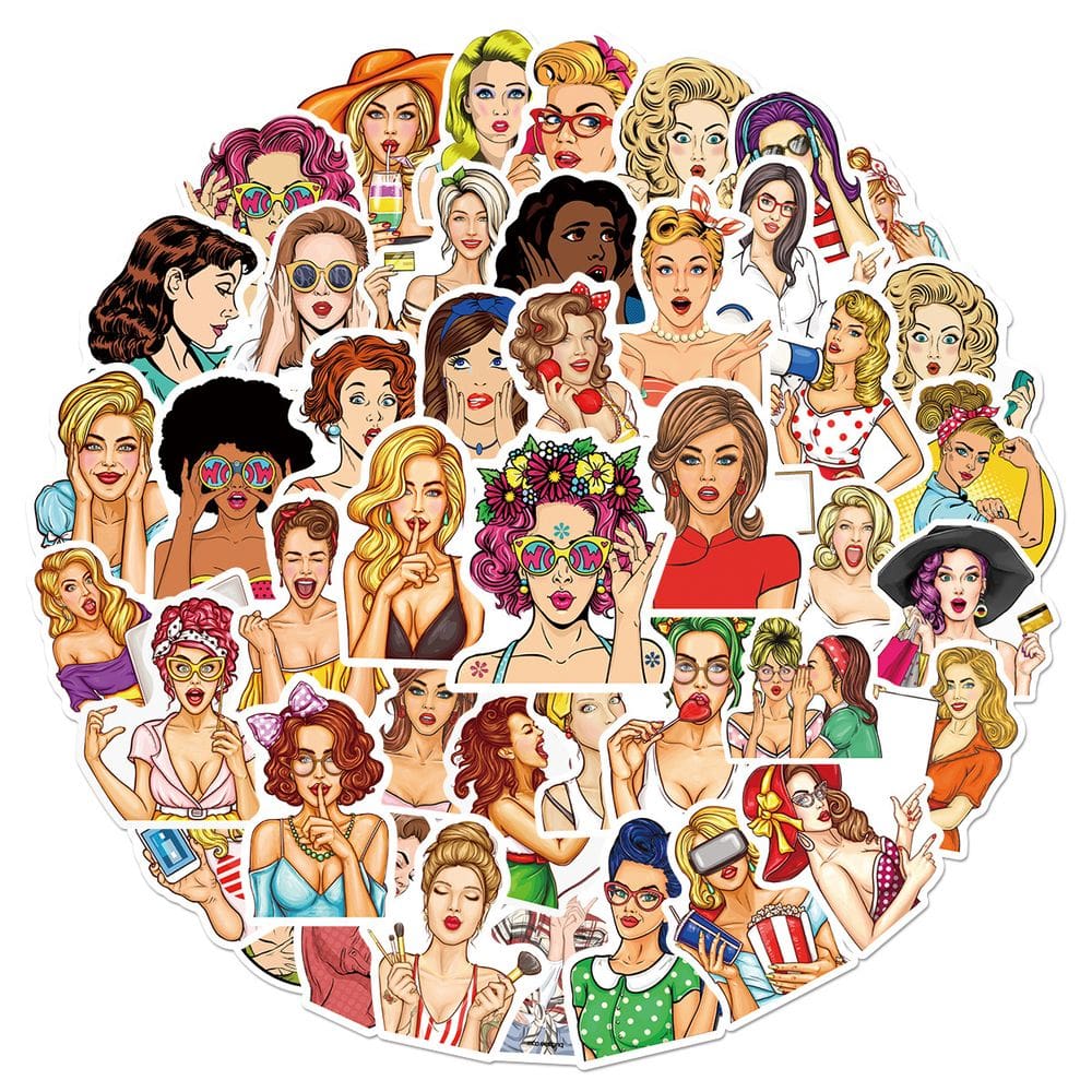Pacote de adesivos Fashion Pop Art Girl, 50 unidades de vinil impermeável