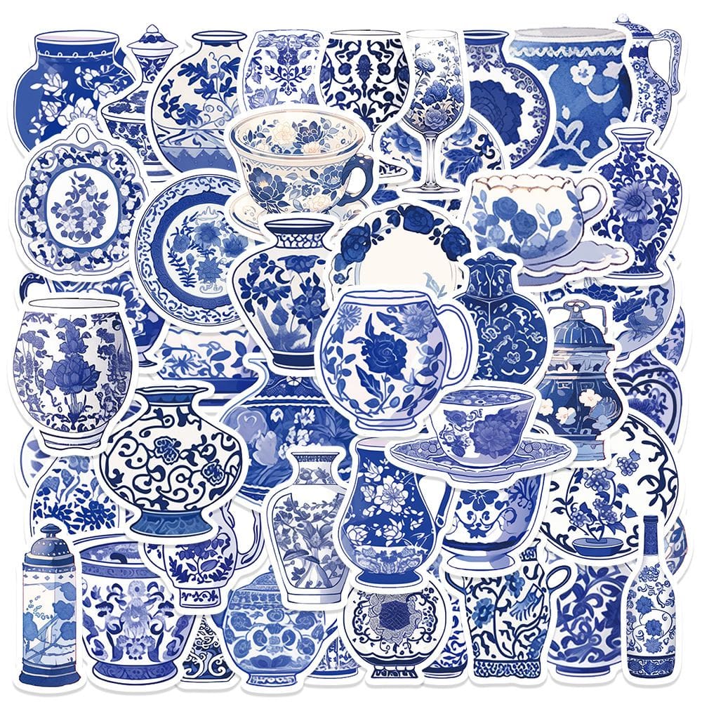 Adesivos de porcelana azul e branca, cerâmica chinesa, 50 unidades