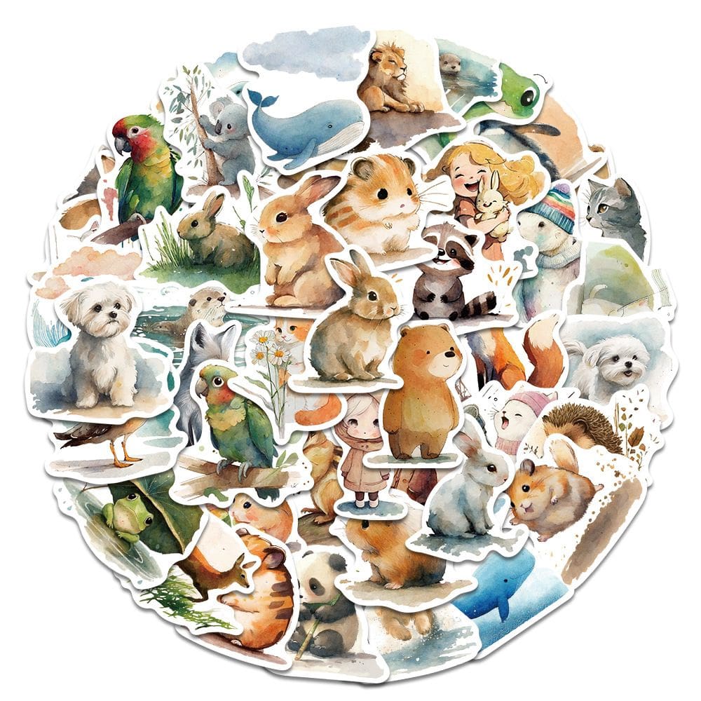 Pacote de adesivos de animais em aquarela, 50 peças de decalques fofos de desenhos animados
