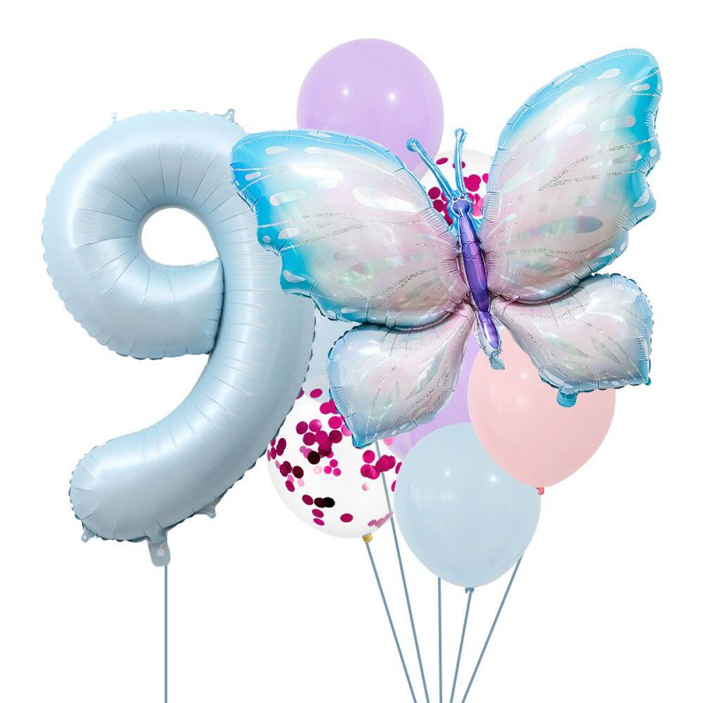 Conjunto de balões borboleta e papel alumínio de 9 números, 10 unidades, azul bebê