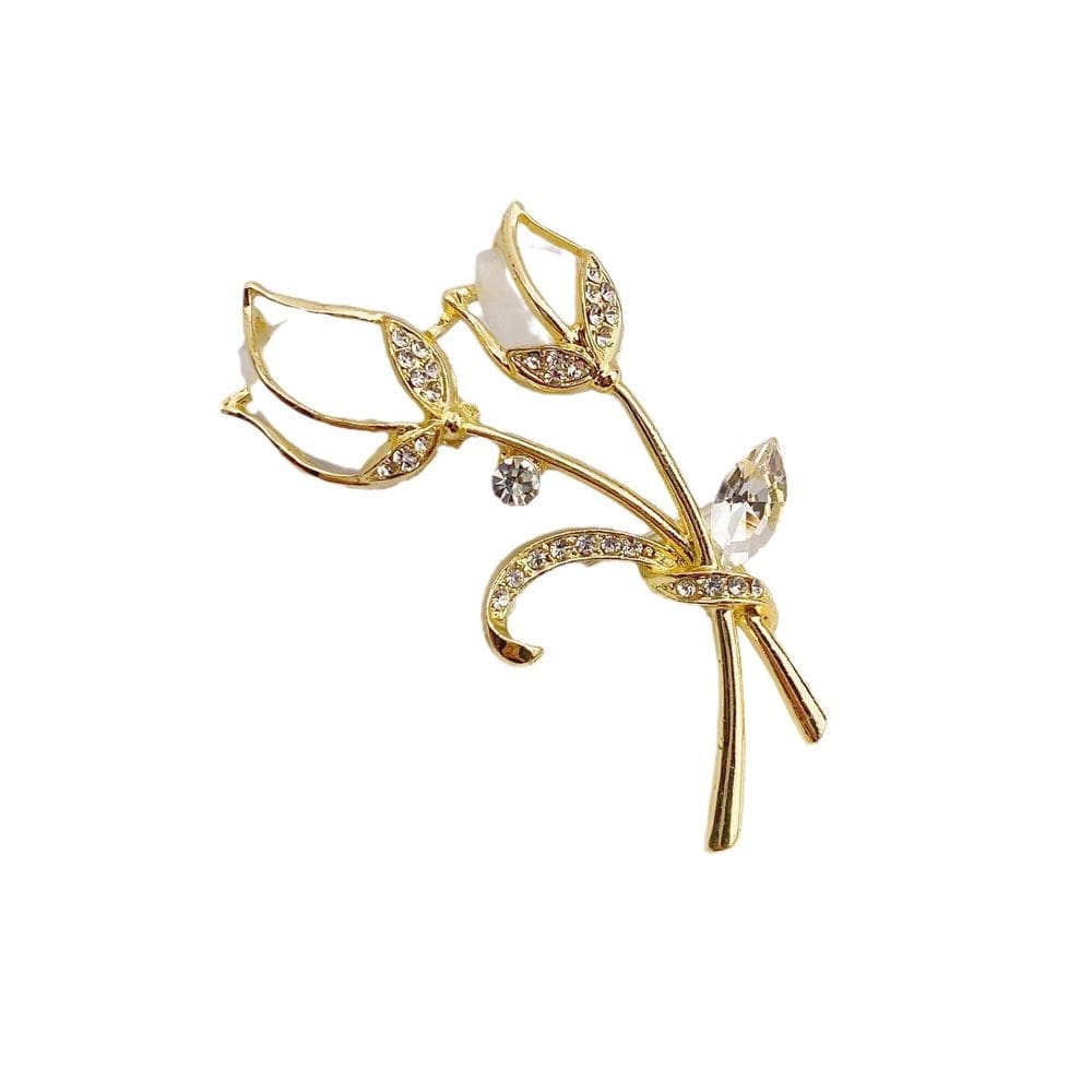 Broche de flor de tulipa elegante com detalhes em cristal em liga dourada