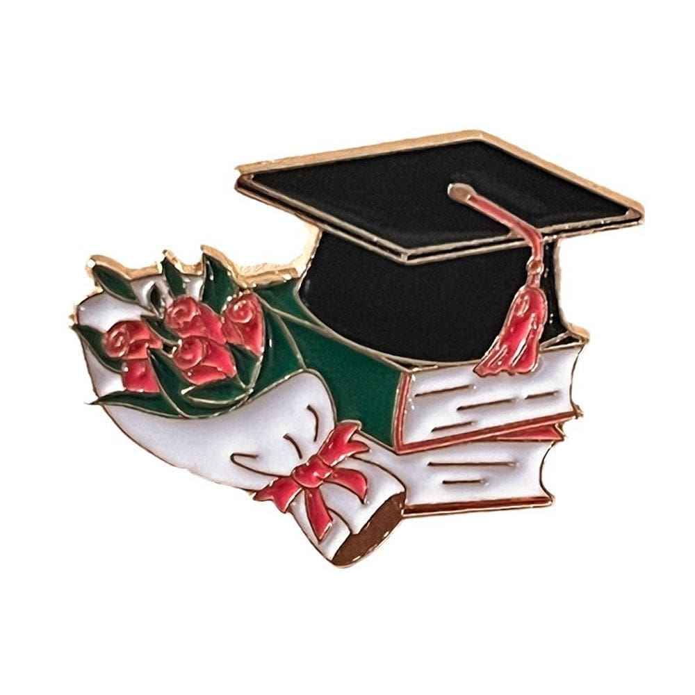 Broche Pin Graduation com boné, livros e design de buquê