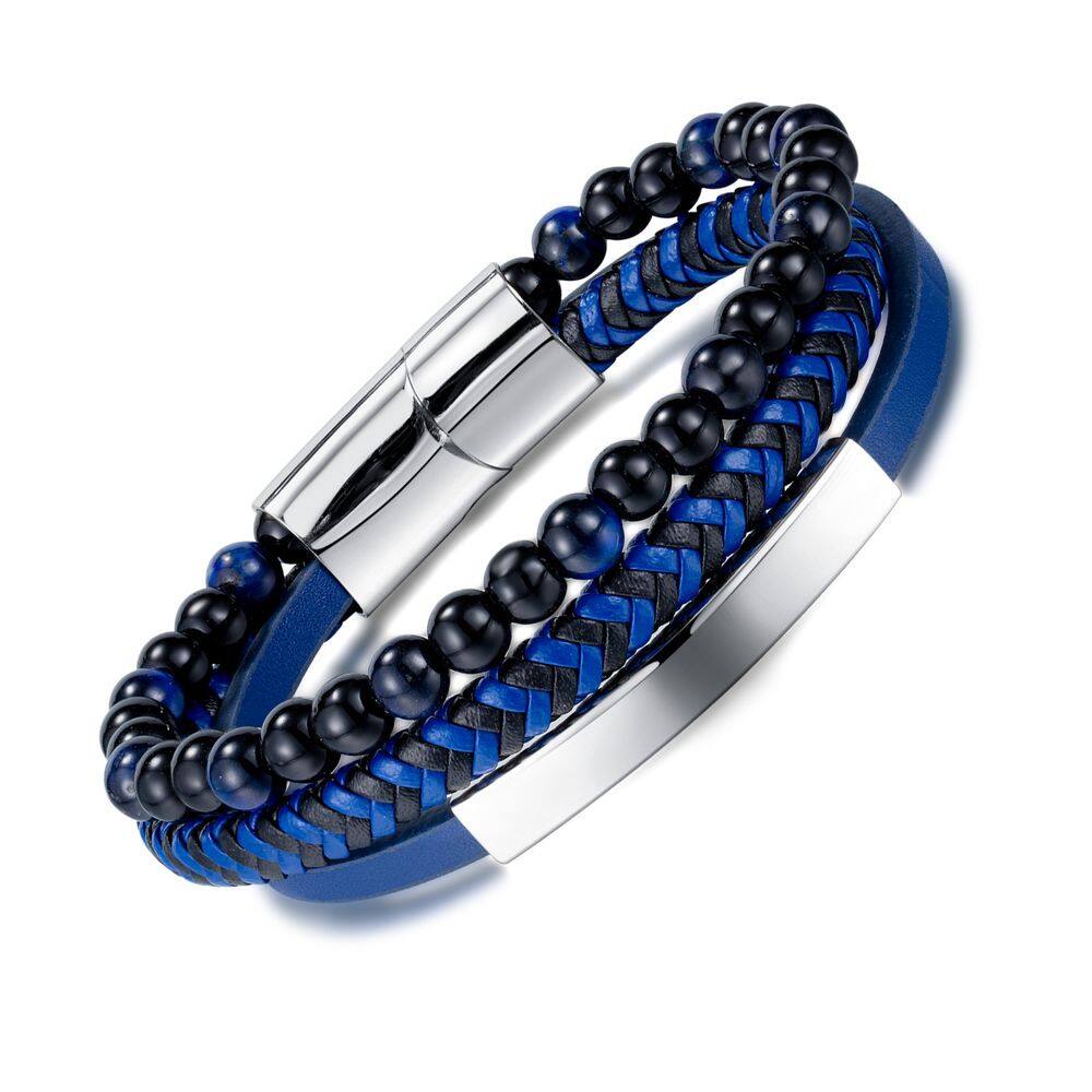 Pulseira de miçangas de vidro preto para homens, trançada azul de várias camadas