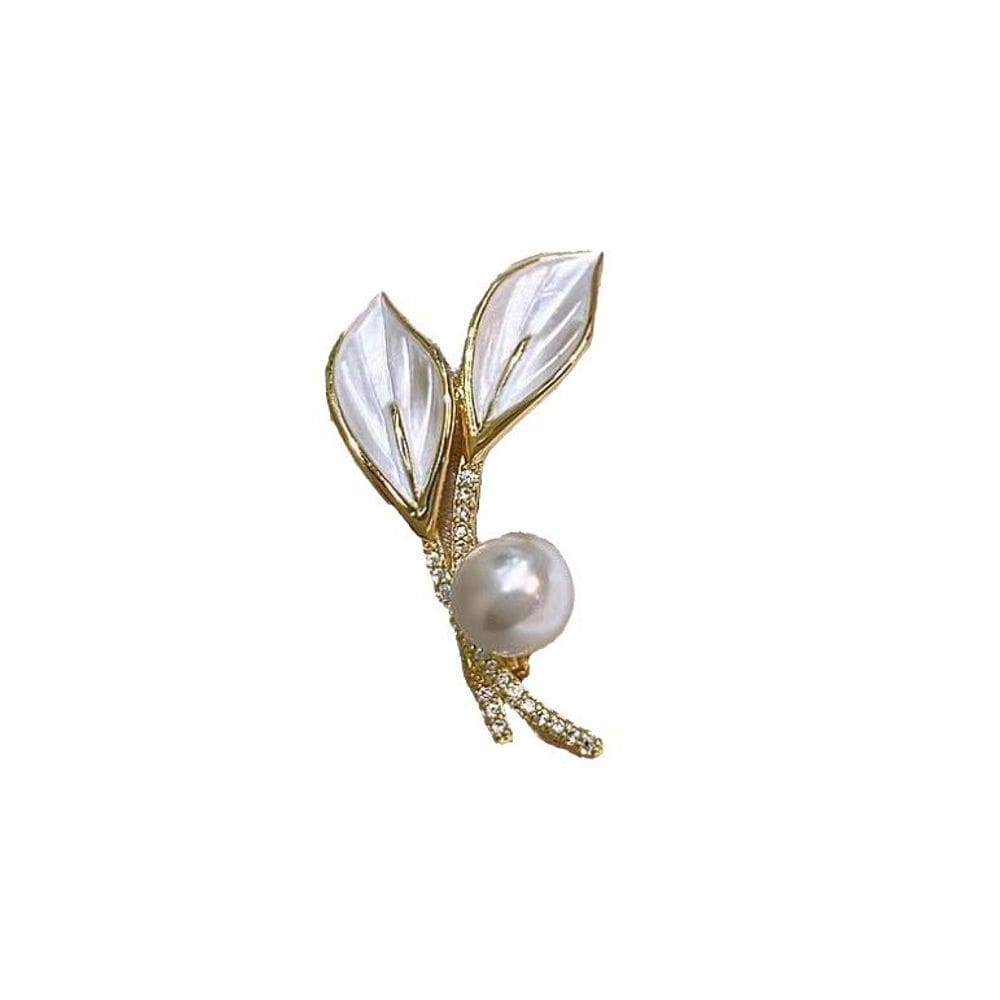 Broche Pin Elegant Leaf Pearl para mulheres em liga dourada