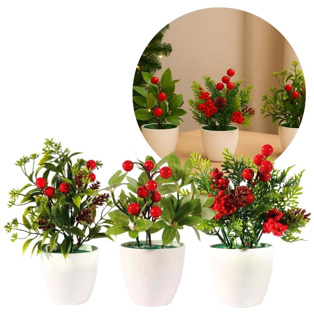Conjunto 3 Vasos Decorativos Natalinos Folhagens, Pinhas e Berries 23cm Vaso Branco com Pick Natalino