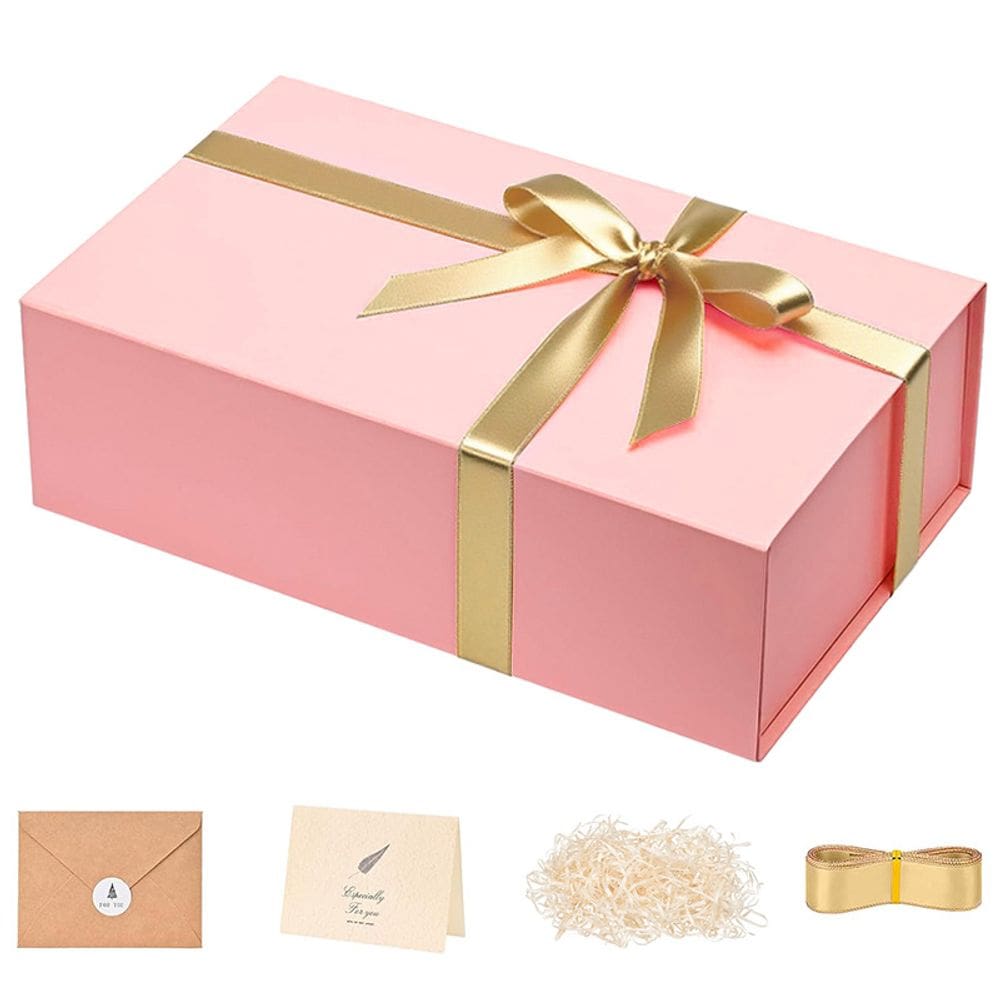 Caixa de presente de papelão rosa elegante com fita dourada 20x18x9cm