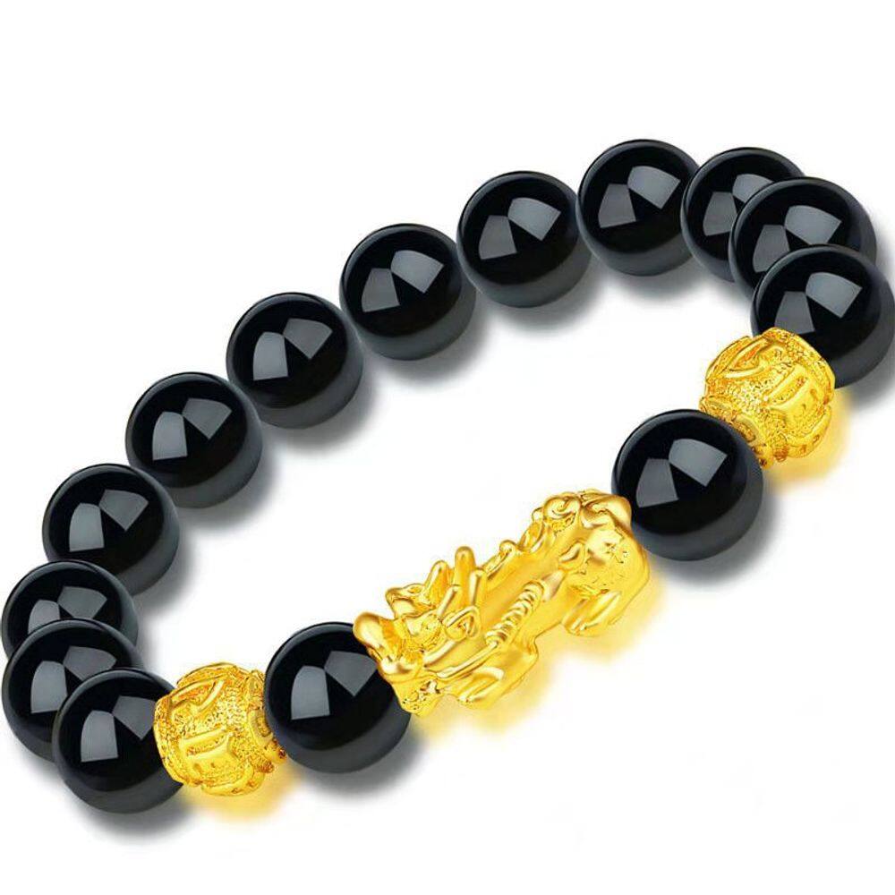 Pulseira com miçangas de obsidiana com pingente Pixius em ouro sintético para homens