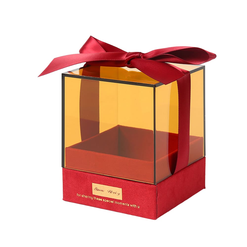 Caixa de lembrancinhas de casamento em acrílico com base de veludo vermelho e champanhe