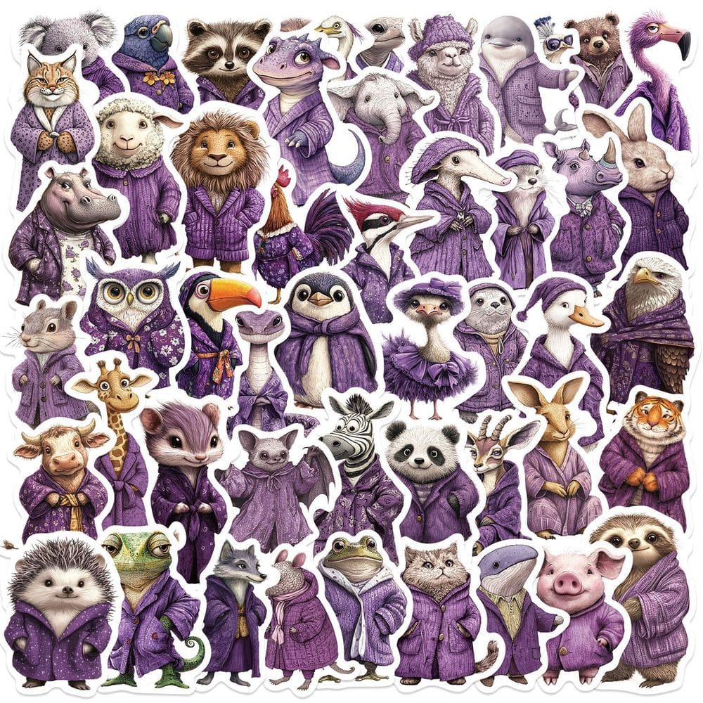 Adesivos: 50 peças de animais em roupas roxas, vinil, impermeáveis