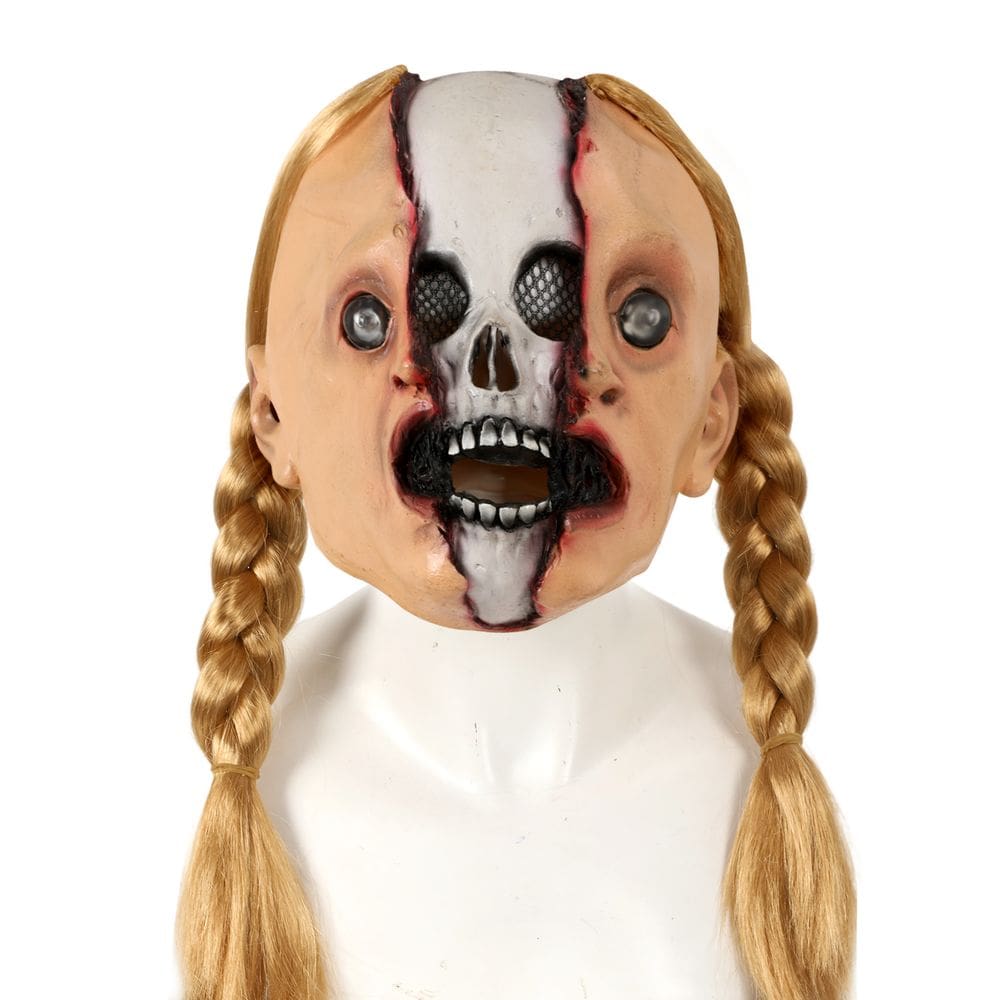 Máscara Creepy Doll Split Skull com resina de tranças loiras 400g