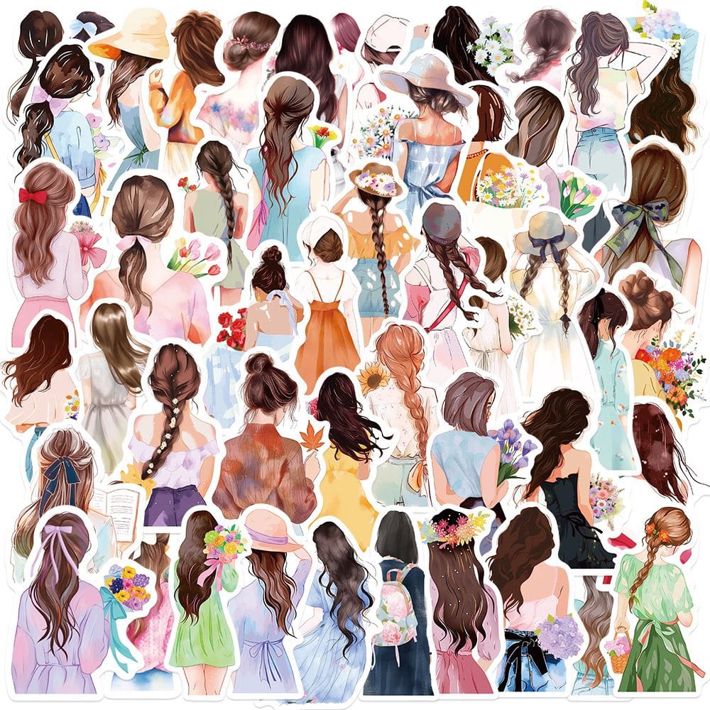 Adesivos Aesthetic Girl Back View Watercolor Style V 50 unidades