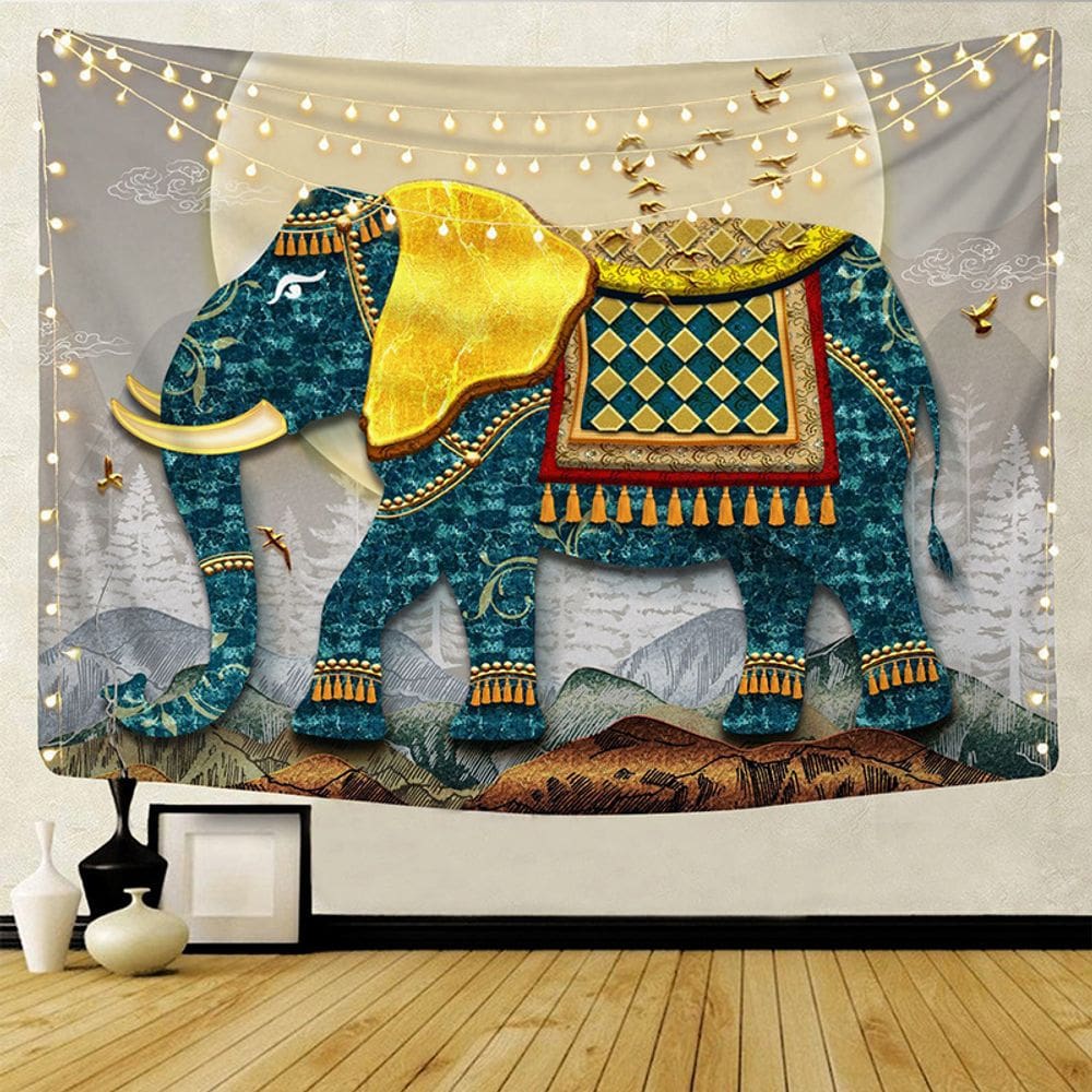 Tapeçaria para pendurar na parede Elefante azul e dourado 150x130cm